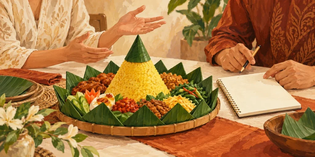 Ilustrasi tumpeng di atas tampah dan dua orang merencanakan acara dengan buku catatan.